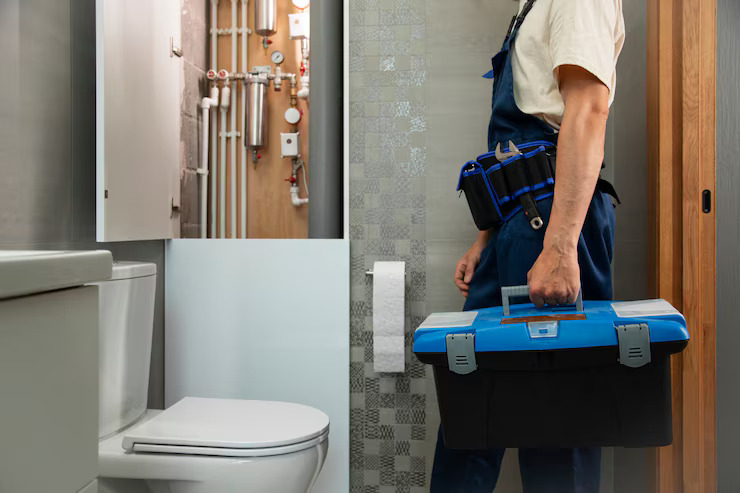 Plumber in uniform holding toolbox standing in modern bathroom near open utility panel preparing for maintenance work