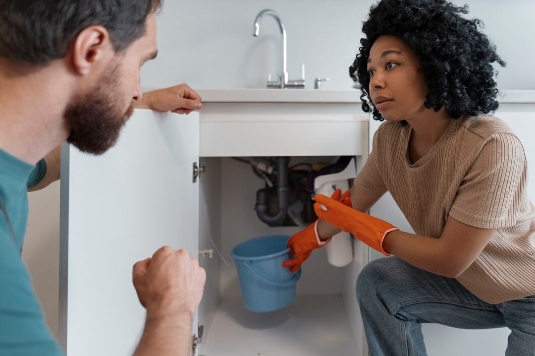 Woman in orange gloves checking under sink with man watching during plumbing repair in kitchen