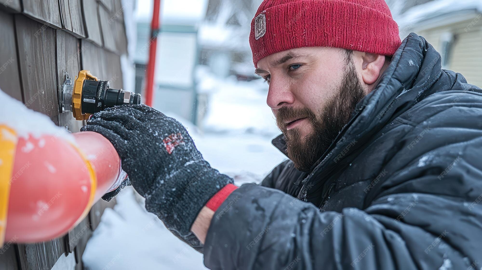 Man in winter attire fixing outdoor pipe in snowy conditions