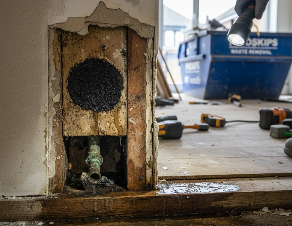 A man is engaged in fixing a hole in the wall, demonstrating home repair skills